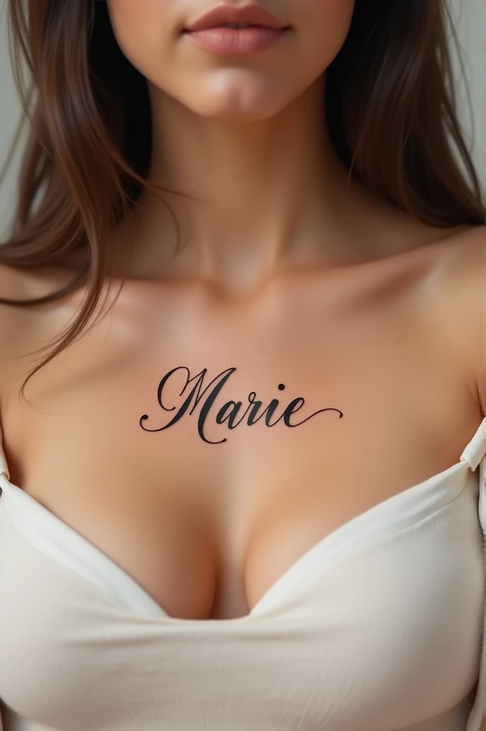 Marie cursive tattoo on chest