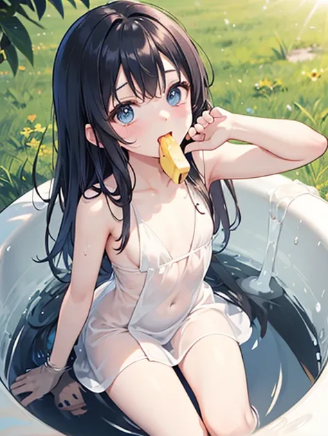 Beautiful girl gives a blowjob to a banana in her mouth、Open your mouth wide、Flat Chest、Young body、White liquid dripping from the mouth、White liquid dripping from a banana、Embarrassing、Squat and lean back、Naked bath towel、The skin is transparent、(Looking i...