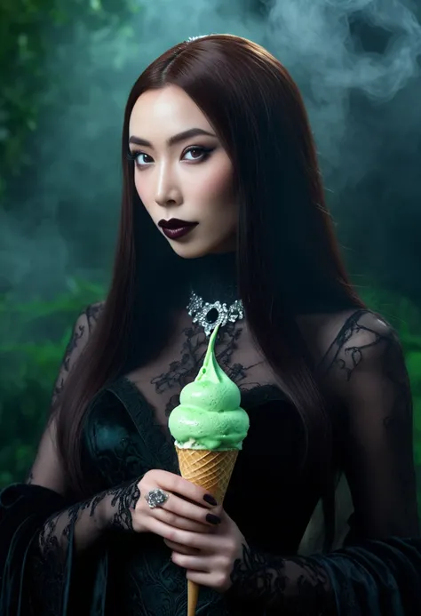 cute yuna (age 25, in the role of Morticia Adams), sleek, dark, elegant, bringing the viewer an evil treat (green ice cream, monkey skull on top, trailing a misty fog), classy presentation, sultry, (best quality,4k,8k,highres,masterpiece:1.2),ultra-detaile...