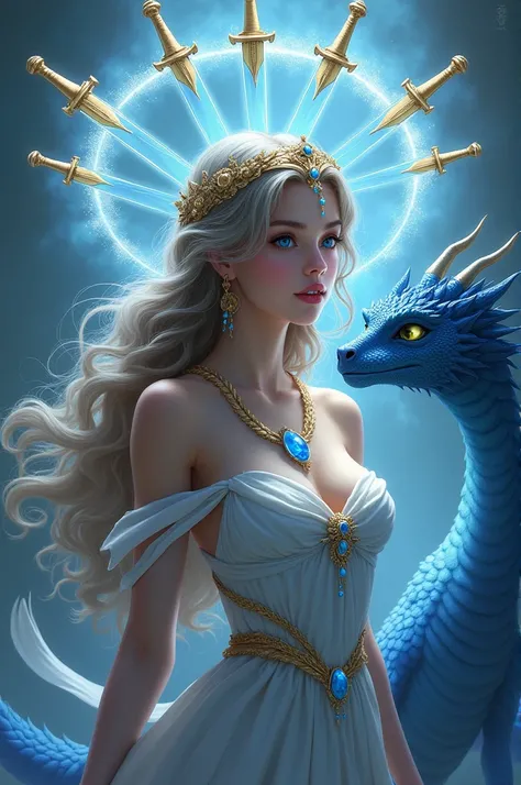 There was one girl. She was a goddess. She was twenty years old. Her eye is blue . She was wearing the dress of a goddess made of dragon scales. There was a necklace around her neck. The necklace was a blue pearl. Above her head were five swords in a circl...