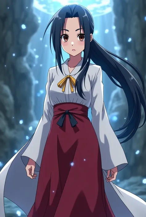 Naruto style anime girl with a tenacious appearance, a priestess with bushy eyebrows, blue-black hair with a low ponytail, dark brown eyes, clothes, a long red skirt and a white shirt with bow accessories 