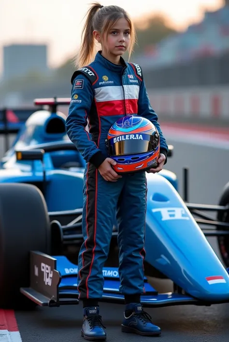  , GIRL with a blue and black Formula 1 uniform , Mullet hair height 1,60 and with helmet in hand and near the blue and black Formula 1 car and the Polish flag on her overalls which is the uniform 