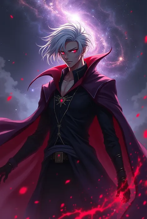 Can you draw me an image of a character? Please make him in an anime style. Hes a Sorcerer, whos themes are Space, Shadow and the Void. His color aesthetic is Black, Red and Purple. His hair is silky and white, barely brushing down to his chin. The pupils ...