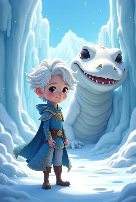 Cartoon prince white hair,the kingdom ice,big white crocodile