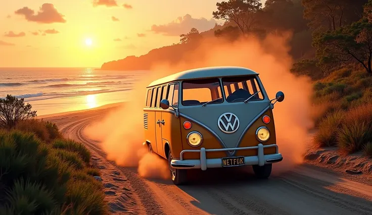 dirt road, volkswagen hippie, at full speed, leaving a trail of smoke behind, ocean, beach, trees, sunset,