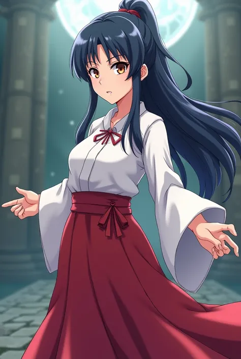 Naruto style anime girl similar to Hinata, tenacious appearance, priestess with thick eyebrows, blue-black hair with a low ponytail, dark brown eyes, clothes, long red skirt and white shirt with bow accessories 