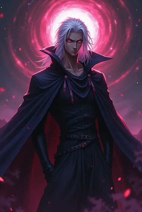 Can you draw me an image of a character? Please make him in an anime style. Hes a Sorcerer, whos themes are Space, Shadow and the Void. His color aesthetic is Black, Red and Purple. His hair is silky and white, barely brushing down to his chin. The pupils ...