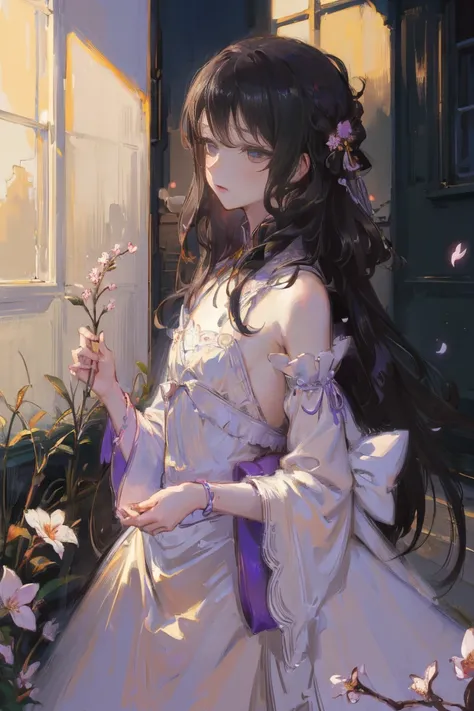 (Little Girl:1.5),Lace,Ribbon,(masterpiece, Side Light, 精致beautiful灰色眼睛: 1.2), Practical, Glowing eyes,Shiny hair,Black Hair,long hair, Glowing skin, Solitary, Awkward,Strapless,Beautifully,beautiful,garden,Flowers,Flying petals, Lolita， Cherry blossoms, M...