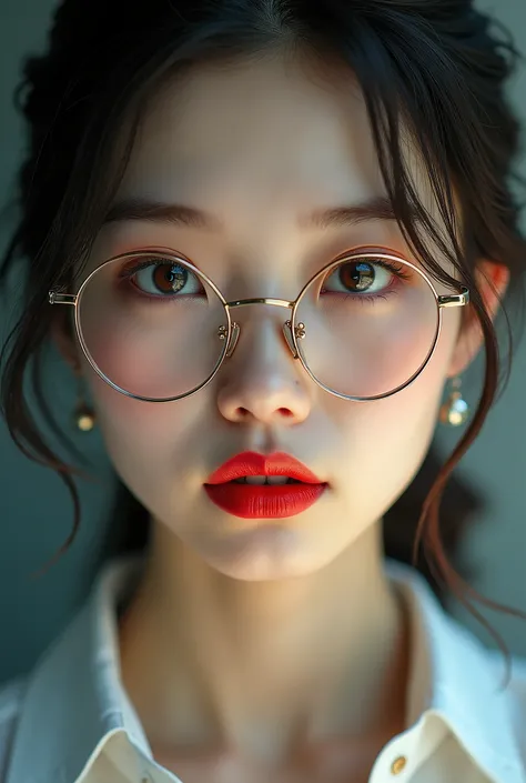 Beautiful Asian with red lips, Your eyes shone like dreamy stars, glare eyes, beautiful and detailed eyes, glasses with thick black frames and large rounded lenses, CRU photo,(highly detailed skin:1), (realisitic, photo-realisitic:1.37), ultra high resolut...