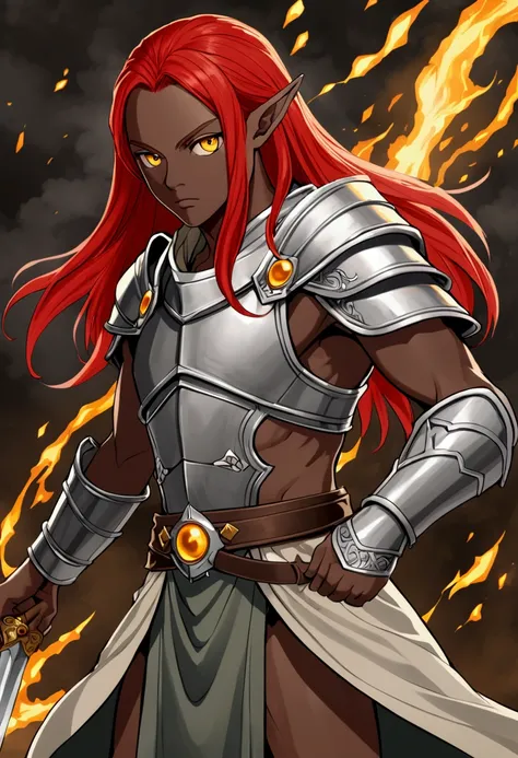 Elfo, ashen skin, long red hair, yellow eye, Fighter, RPG style 