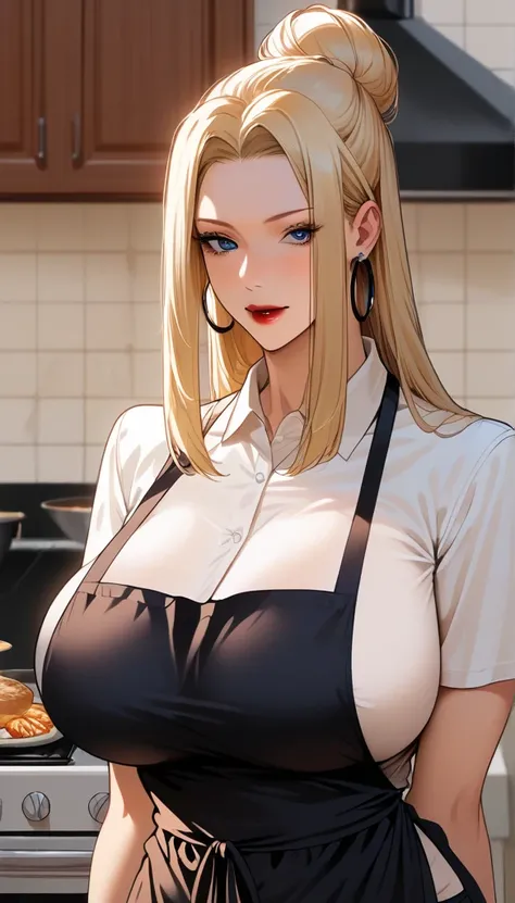  Hot beautiful mei cooking food in kitchen ,red lipstick, big oversized hoops Earrings, huge saggy breasts  ,  blonde long hair bun ,blue eyes, detailed eyes, wearing apron tightly,  High Resolution, Masterpiece, Accurate, Anatomically Correct, Best Qualit...