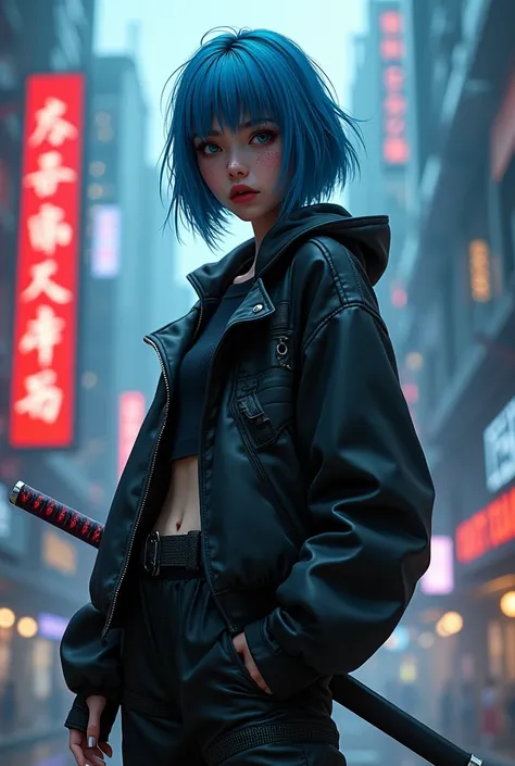 Cyberpunk settings, girl with blue haggy layered bob, wearing black jacket and pants, holding a katana, freckles, lip filler, thick eyebrows, dimples 