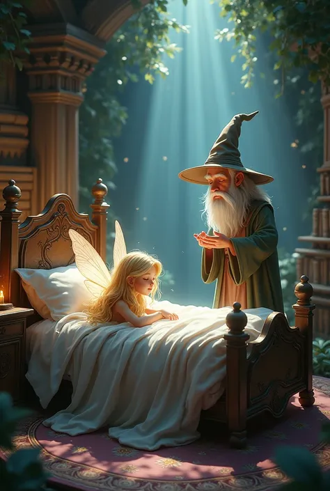 Fairy in the sleeping bed and the wizard 