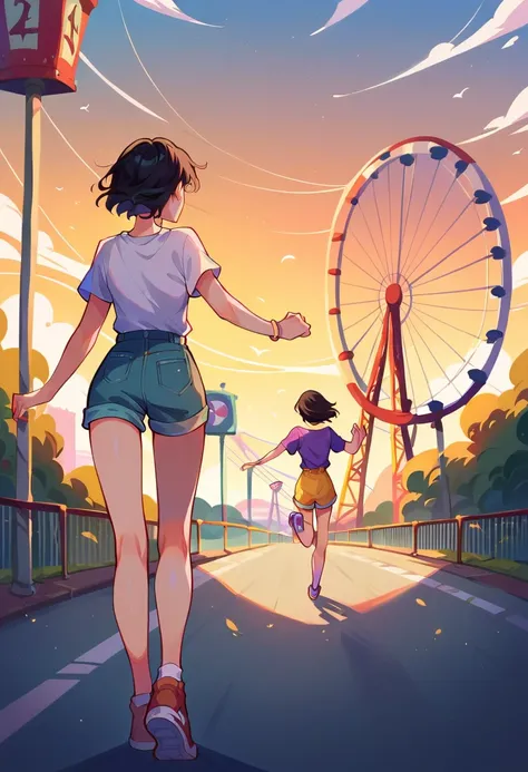 Theme parks, Angry yellow short hair teenage girl, ( There must be two people in the image), beautiful face, Running away ,Amusement park 、the Ferris wheel、Black haired woman standing behind