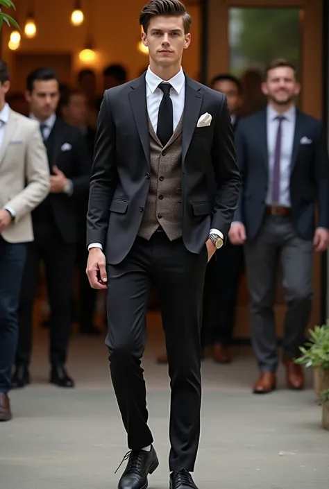 Clothing for a graduation party for men: jacket, vest, black tie, black pants and sneakers

