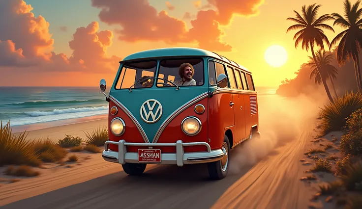 
Dirt road, Volkswagen hippie, at full speed, leaving a trail of smoke behind, ocean, beach, trees, sunset, Bob Ross driving. the plate says "ASSMAN"