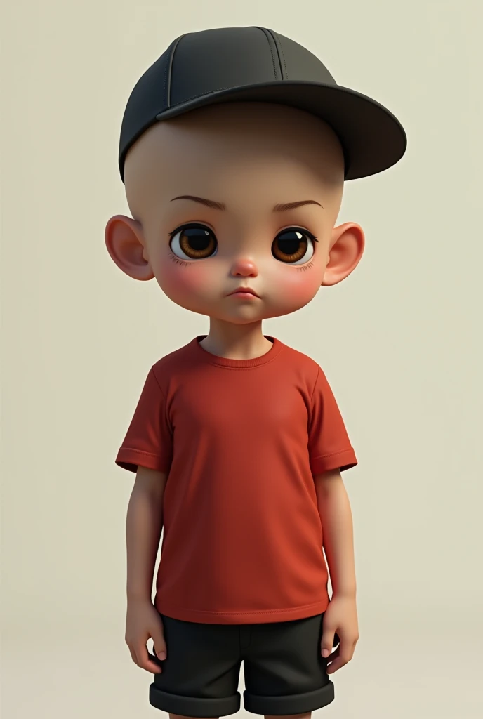 Create a male child without hair with black cap brown eyes red shirt black shorts 