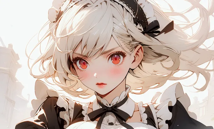 Girl with long white hair, red eyes, big boobies, maid outfit