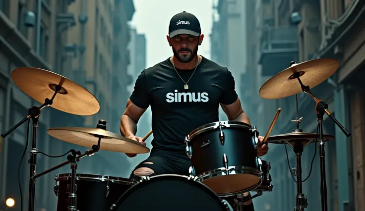 a male musician wearing a baseball cap, black t-shirt with "SiMus" text, playing a black electric drum kit, ripped black pants, strong rock appearance, detailed facial features, dynamic pose, dramatic lighting, cinematic composition, gritty urban backgroun...