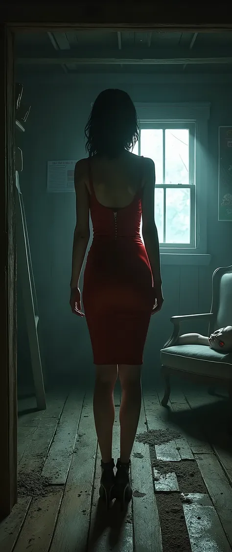 Ada Wong, wearing her iconic red dress from "Resident Evil 4: Separate Ways" and black high heels, steps into an eerie, dimly lit wooden cabin. The wooden walls creak as she cautiously walks across the rustic floorboards. Shadows flicker as a storm rages o...