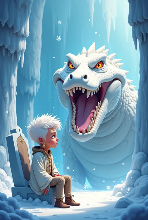 Cartoon prince white hair, the kingdom, throne, ice, monster white crocodile,earrings 