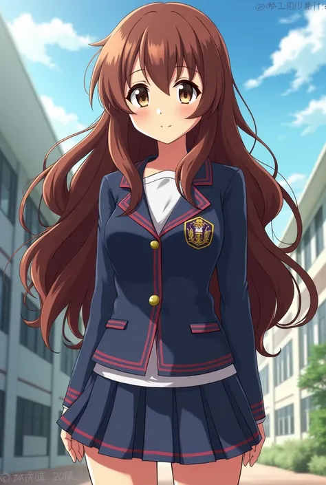 Can you please generate a female character?, with brown hair that reaches to the waist and is wavy, that has an athletic build, that has brown eyes, Make it in the style of the anime Boku no Hero and make her clothes the same as the UA uniform.