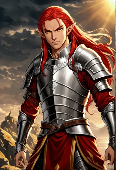 naughty man, Gray elf, long red hair, yellow eye, Fighter, RPG style, lightweight armour 