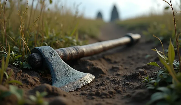 Viking traces left along Vinlands coast
An ancient Viking artifact, a weathered axe lying partially buried in the soil, surrounded by tall grass and vines, 1000 AD, the remnants of a Viking settlement visible in the distance, a small archaeological discove...