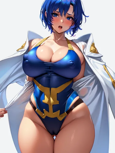  (White background, 1girl:1.4), BREAK,Blue short Hair, blue eyes,Narrow waist,voluptuous Breasts,(one-piece competitive swimwear,one-piece competition swimsuit:1.6), blush,Open your mouth,(covered nipples:1.2)