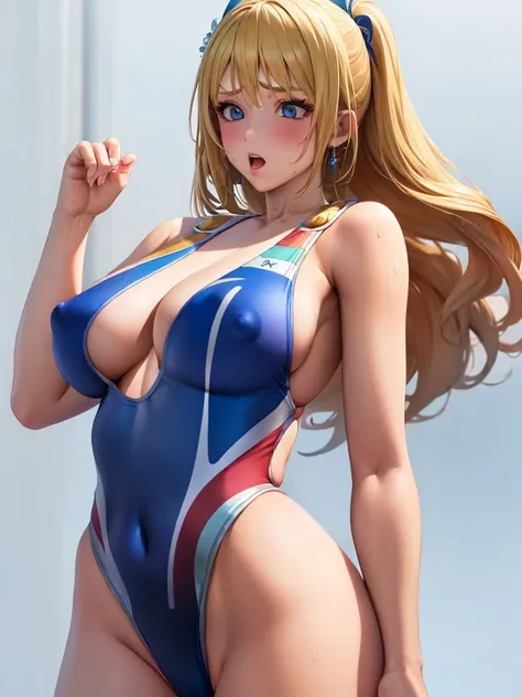  (White background, 1girl:1.4), BREAK,Long blonde hair, blue eyes,Narrow waist,voluptuous Breasts,(one-piece competitive swimwear,one-piece competition swimsuit:1.6), blush,Open your mouth,(covered nipples:1.2)