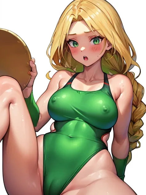  (White background, 1girl:1.4), BREAK,
Long Single braid, blonde hair, Green Eyes,Narrow waist,voluptuous Breasts,(one-piece competitive swimwear,one-piece competition swimsuit:1.6), blush,Open your mouth,(covered nipples:1.2)