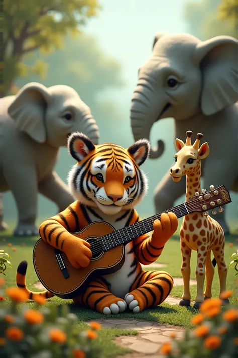 Tiger playing guitar and elephant is dancing with giraffee