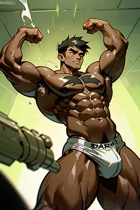 Danny Fenton from Danny Phantom animated tv series as a big dumb mindless teenage muscular bodybuilder football jock in a locker room flexing and staring vapidly with mindless stare and mouth gaping open as his eyes glow under hypnosis saying, "Cant ... I ...