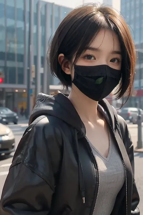 (Beautiful woman,small breasts,black hoodie jacket, short wave hair), (wearing a black mouth mask:1.2),BREAK,(8k,realistic photo style,Photorealism, photorealistic, hyperrealistic,highest picture quality, high res, best quality,cinematic, intricate details...