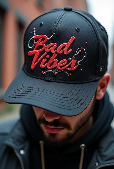 Bad vibes logo curved brim cap design prototype with street tattoo typography