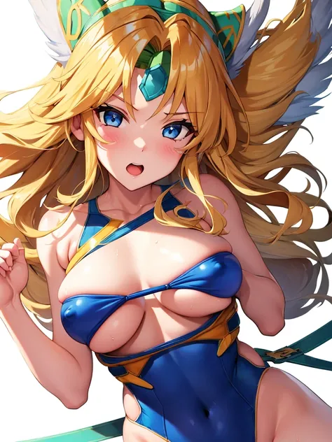  (White background, 1girl:1.4), BREAK,Long blonde hair, blue eyes,Narrow waist,voluptuous Breasts,(one-piece competitive swimwear,one-piece competition swimsuit:1.6), blush,Open your mouth,(covered nipples:1.2)