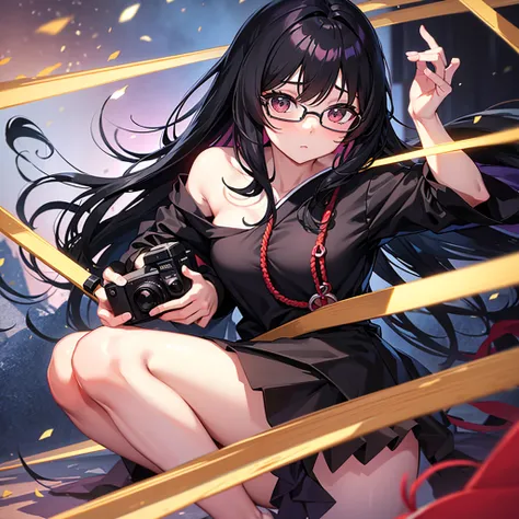 Japanese anime　beautiful girl　Black Hair　whole body黒い学生服　Round Glasses　clear　No decoration　whole body　The camera is from the front