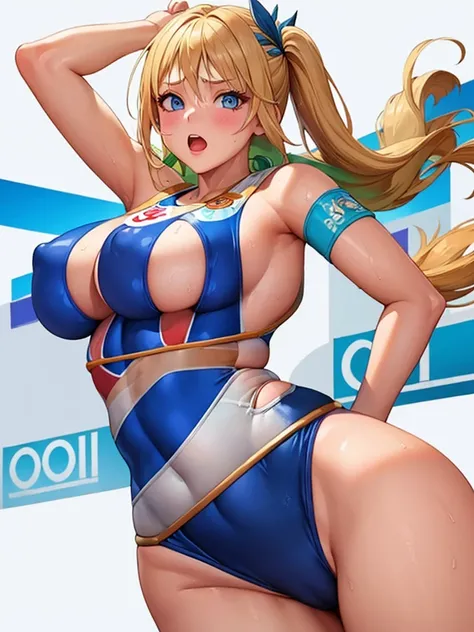  (White background, 1girl:1.4), BREAK,Long blonde hair, blue eyes,Narrow waist,voluptuous Breasts,(one-piece competitive swimwear,one-piece competition swimsuit:1.6), blush,Open your mouth,(covered nipples:1.2)