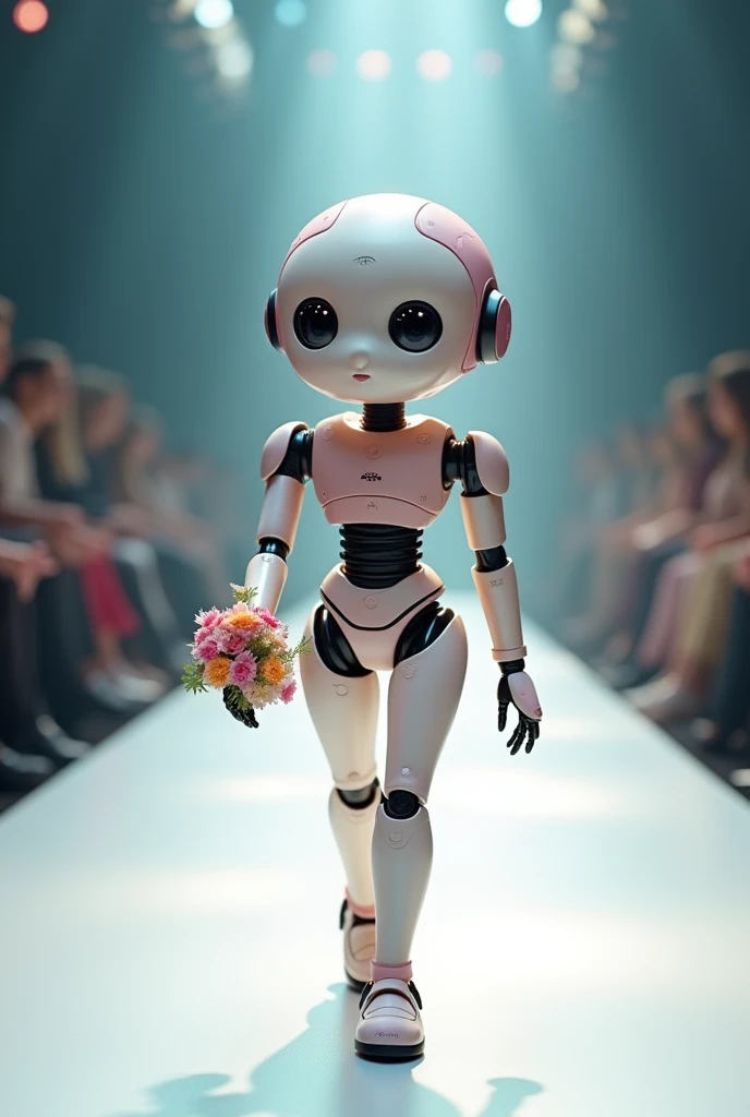 Cute small girl robot, walking on the fashion show catwalk, carrying flowers 