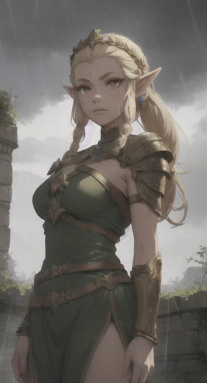 Ancient Hylian, Devine heroine, princess Hylia, blonde, red eyes, glaring at viewer, ancient Devine armor, long messy hair, ancient Hyrule, medieval castle ruins, thunderstorm, lightning, rain,