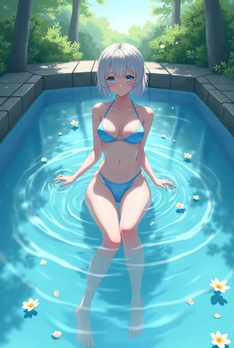 Anime style woman bathing in a blue bikini