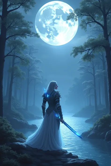 The Moonblade Champion"
In a serene and mystical forest, a warrior stands under a massive full moon, its light cascading down and bathing the landscape in a soft silver glow. The warrior’s sword, forged from a piece of the moon itself, glows faintly with a...