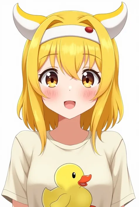 A female anime character, her hair is yellow, he wears a headband like devil&#39;s ears in white and yellow, the shirt has a duck picture on it, it doesn&#39;t wear sarawa