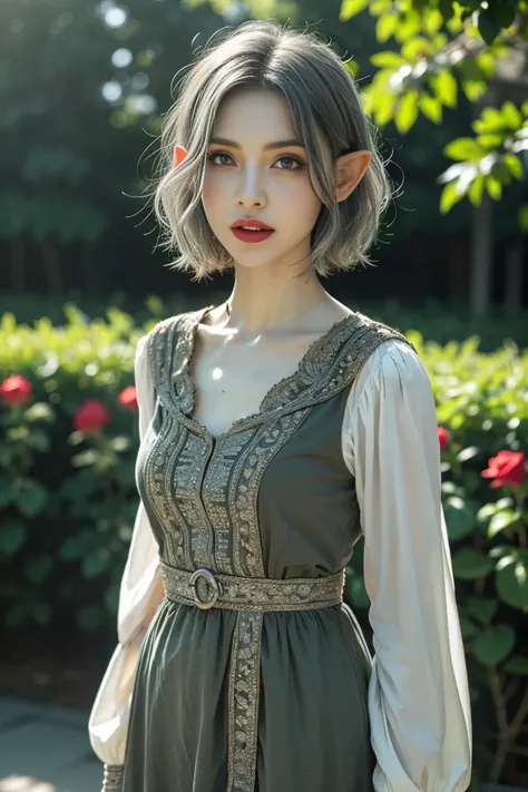 (masterpiece, best quality), super detailed, portrait, POV, 1girl, beautiful girl, elf, beautiful eyes, gray eyes, green dress, short hair, (silver hair), standing, rose garden in background, sun light, soft lighting, 4K