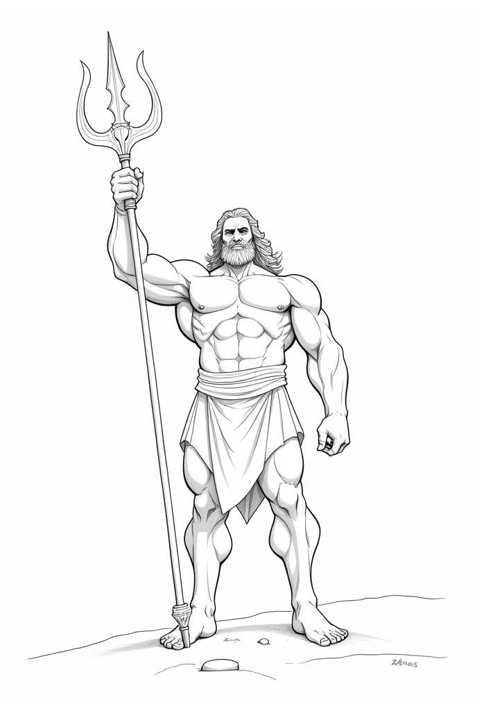 Zeus stands holding a trident, ready to throw. Line drawing with no background.