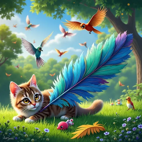 A cute tabby cat lying in the grass, gazing curiously at a colorful feather toy nearby, with a small toy mouse next to it. In the background, a vibrant outdoor scene shows several colorful birds flying in a bright, sunny sky, surrounded by lush green trees...