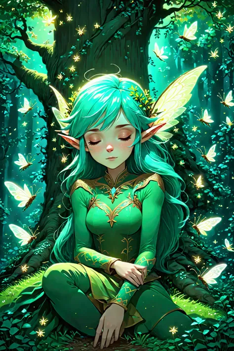 (((the night, Forest elf lying under a tree and sleeping, Fireflies everywhere))) green hair, , Resplandor radial, Flores de helecho white, optical, Panoramic lighting, atmospheric perspective, sunrise, Flat: 5D, light paint, Color, beautiful rostro, clear...