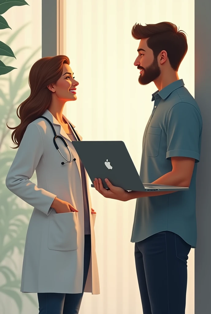 A lady doctor with a software engineer holding laptop and smiling facing each other men in casual dress without stathoscope
