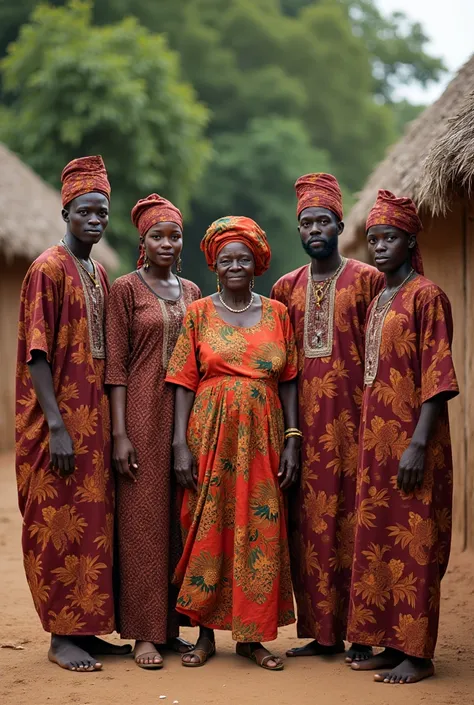 A photo of an old woman with her three sons and one Black beauty lady. They are wearing traditional Hausa attire as well. The photo was taken inside a hut in a village in Northern Nigeria. The background contains more huts and some trees.