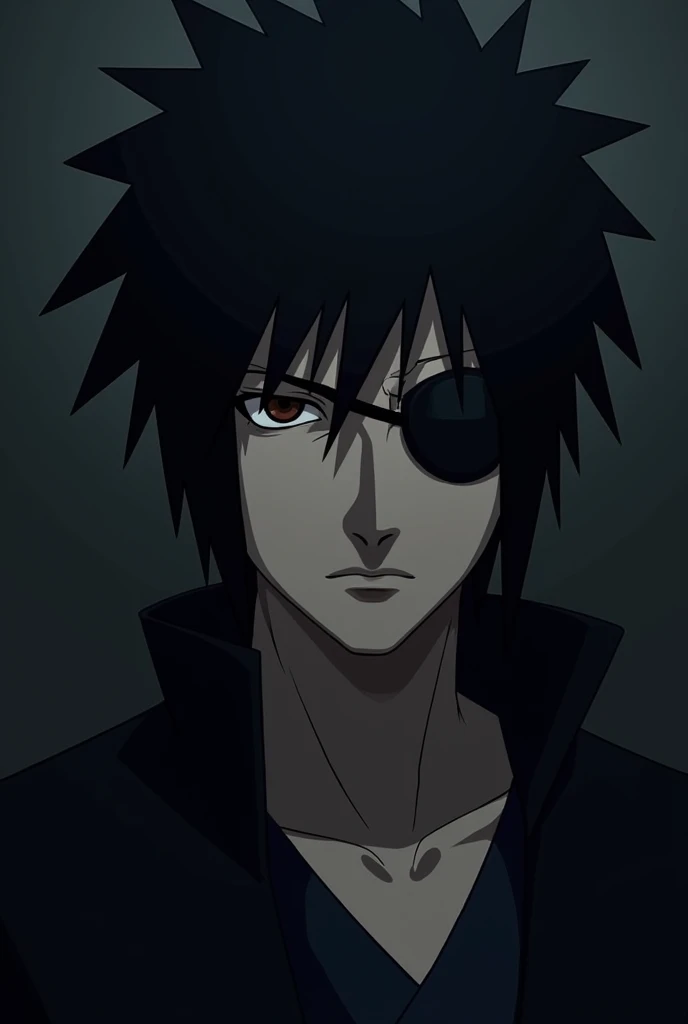 Sasuke Uchiha, 30 years old, with black hair and eyes, His face has a large scar above his right eyebrow and down his face., disappearing under the patch on one of his eyes and continuing up to his jaw. With a dark background that only highlights his face ...